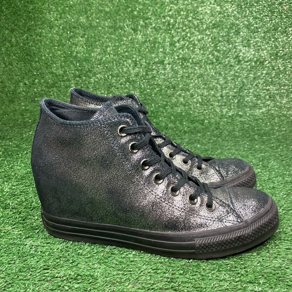 Converse CT All Star Lux Hidden Wedge Hi Metallic Black Silver Women Size 10 - Picture 1 of 12